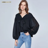 Summer Solid Shirts for Women V-neck Bow Loose Lantern Sleeve Women Blouse Casual Plus Size Office Lady Tops