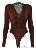 V Neck Brown Bodysuit Women Autumn Long Sleeve Top Bodies Sexy 2021 Female Overalls Casual Bodycon