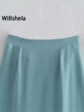 Women Fashion Solid Knotted Front Slit Midi Skirts Vintage High Waist Female Chic Lady
