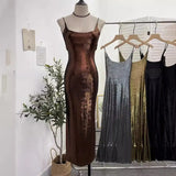 Real Shooting 鎏金带 Dress Bare Back Repair Behind The Opening Fork Long Bag Over The Knee Dress