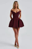 Burgundy Off-shoulder Mini Dress-Outfit