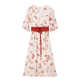 Elegant Chiffon Midi Dress Women's New Summer Fashion Temperament Thin Clothes V-neck Lace-up Floral Korean Female