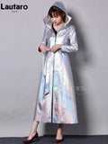 Spring Autumn Long Luxury Shiny Reflective Holographic Patent Pu Leather Trench Coat for Women European Fashion