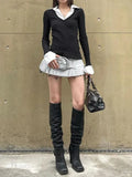 Polo Neck Splice Fake Two Piece Long Sleeve Knit- Outfit