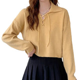 The New Korean Version Lace-Up Pullover In Spring 2024 Is Girly With Polo Collar And Simple Bottomed