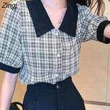 Plaid Shirt Women Summer Loose Single Breasted Short Sleeve Blouses Ladies Korean Casual Turn-Down Collar Chiffon