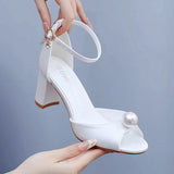 Cm Fish Mouth High-Heeled Sandals Shallow Pearl Large-Size Round-Head High Heels Bride Wedding Silk Satin Cloth Coarse