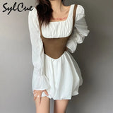 Contrast Color Slim Splicing Corset Versatile Commuter Fashion Square Neck Flared Sleeve Women's Pleated Skirt Zip
