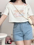 2024 Summer Sweet Crop Tops Women Bear Print Short Sleeve Y2k T-Shirt Off Shoulder Aesthetic Graphic T