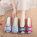 Zingj Round Head Embroidered Cloth Shoes Beef Tendon Bottom Flat Bottom Soft Bottom Canvas Slippers Female Ethnic Wind Blue And White
