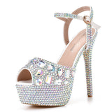 Fish Mouth High-Heeled Sandals Fine Heel Water Diamond Wedding Shoes Bride Shoes Color Diamond Crystal Sandals Full Of Diamond