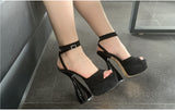 Onlymaker Women Peep Toe Sandals Black Flock Platform Ankle Strap High Heel Shoes Female Big Size Party Dress Sexy