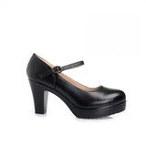 Genuine Leather shoes Women Round Toe Pumps Sapato feminino High Heels Fashion Black Work Shoe Plus Size