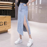 Long Maxi Denim Skirt for Women's Y2k Korean Fashion 2023 Female Loose Sexy Side Slit Open Legs Skirts Jeans Retro Bag