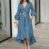 Zingj Dress West Dress Fashion Casual Full Sleeve V-Neck Lapel Solid And Pocket Dress-Outfit