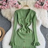 Zingj Fragrant Wind Dress Women's Autumn And Winter Versatile Advanced Sense V-Collar Metal Buckle Slim Show Thin Flounce Knit