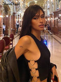 Spring O Neck Sexy Tank Tops Black Sleeveless Y2k Off Shoulder Heart Hollow Out Fashon Women Crop Top Casual