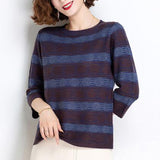 autumn Korean style ice silk striped print loose sweater women 3/4 sleeve casual fashion knitting pullover female