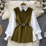 Zingj 2023 New Korean Version Of The Thin And Long Shirt With A Waist Knit Vest Two Sets Of Autumn And Winter Suit Women-Outfit