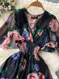 2023 Print Chiffon Dress Summer V Neck Elastic Sheath Long Temperament Butterfly Sleeve Fashion Floral Beach