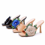 Cm Square Head High Heel Sandals Slippers Wine Glasses And Temperament Embroidered Flowers Women's Shoes White Fish Mouth Light