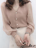 size Women's Spring Autumn Style Chiffon Blouses Shirt Women's Knitted Button Long Sleeve Solid Color Lace Patchwork