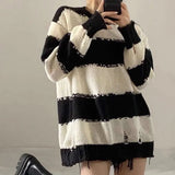 Basic Striped Sweater Women Vintage Hole Jumpers Knit Y2k Oversize Autumn Winter Thin Pullover Female Harajuku