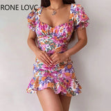 Women Chic Short Lantern Sleeves Ruffles Hem Floral Print Sweet A-line Party Bodycon