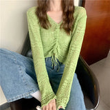 Zingj Out Thin Jacket Summer 2024 New Draw Rope V Collar Short Money Wearing Sunscreen Shirt Sweet Spicy Short Sleeve Knit Women-Outfit