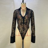Zingj Sexy Lace Stitching Deep V Long Sleeve Top Slim See-Through High Waist Bell Bottoms Women's