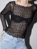 Women Lace Floral T-shirts Crop Tops Long Sleeve Slim Mesh Sheer See Through Tees Shirts Summer Party Streetwear