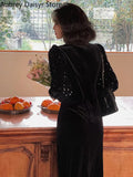 Black Velvet Midi Dress Women Sexy Hollow Out Sequins Design Y2k Dress Vintage Casual Evening Party Dress 2023