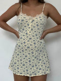 y2k Small Floral Mini Dress Lace Button A-Line Sundress Cute Sweet Spaghetti Strap Pleated Dress Women Beach
