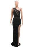 Sexy White Rhinestone Mesh Patchwork Maxi Dress Women Sleeveless One Shoulder High Split Skinny Clubwear Long