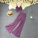 Zingj Suit Female Feel V-Neck Kink Sling Vest Two-Piece High Waist Slim Pleated Wide Leg