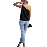 Spring And Summer New Temperament Commuter Satin Shirt Loose Casual Oblique Shoulder Color Halter