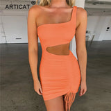 One Shoulder Hollow Out Sexy Summer Dress Women Fold Drawstring Bandage Bodycon Dress Fashion Ruched Mini Party