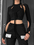 with Me Long Sleeve Cropped Corset Women crop Top 2022 Summer Sexy Cut Out casual party Club Black T-shirts for
