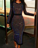 Women Fashion Elegant Stripes Binding Long Sleeve Sequin Party Dress Sexy Round Neck Party Cocktail Sequins