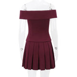 Solid Off-Shoulder Buttoned Top And Pleated Mini Skirt Set-Outfit
