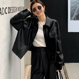 Cropped Leather Jacket Women Korean High Street Leather Blazers Women Vintage Streetwear Moto Bike Jacket Autumn 2023