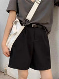 Summer Gray Shorts Women Button Korean Style Oversize Black Wide Leg Casual High Waist Pants Harajuku Streetwear