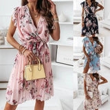 Explosion Summer Lotus Leaf Side Short-Sleeved V-Neck Digital Printed Dress