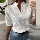 Hollow-out Embroidery White Cotton Shirt Floral Patterns Decoration V Neck Casual Lace Blouse Half Puff Sleeved Tops