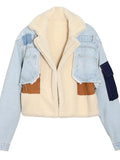 Zingj No Doubt Liang Shuang With The 2024 New Velvet Thick Denim Stitching Lamb Lapel Cotton Jacket Coat