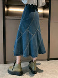 2022 Summer Korean Fashion Blue Denim Midi Long Skirt Women High Waist A Line Jeans Skirt