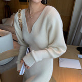 Long White Knitting Dress Women Winter V-Neck Long Sleeve Bodycon Dress Korean Office Lady High Waist Vintage Dress