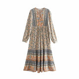 Queens Women Elegant Lace-up Tassel Floral Print Beach Long Bohemian Maxi Dress Ladies Rayon Boho