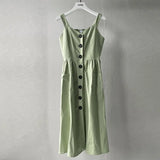 Summer 97%Cotton Camisole Dress Beach Midi Dresses with Pockets Front Button Sundress Stretch