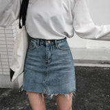 Casual High Waist Pencil Denim Skirts Women 2019 Summer Black Blue Solid Pockets Button All-matched Jeans